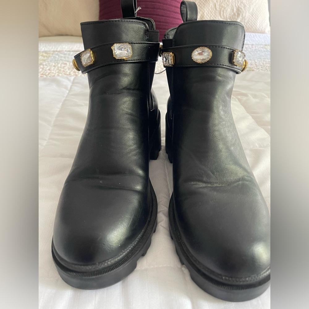 Sleek Black Ankle Boots with Gemstone Details